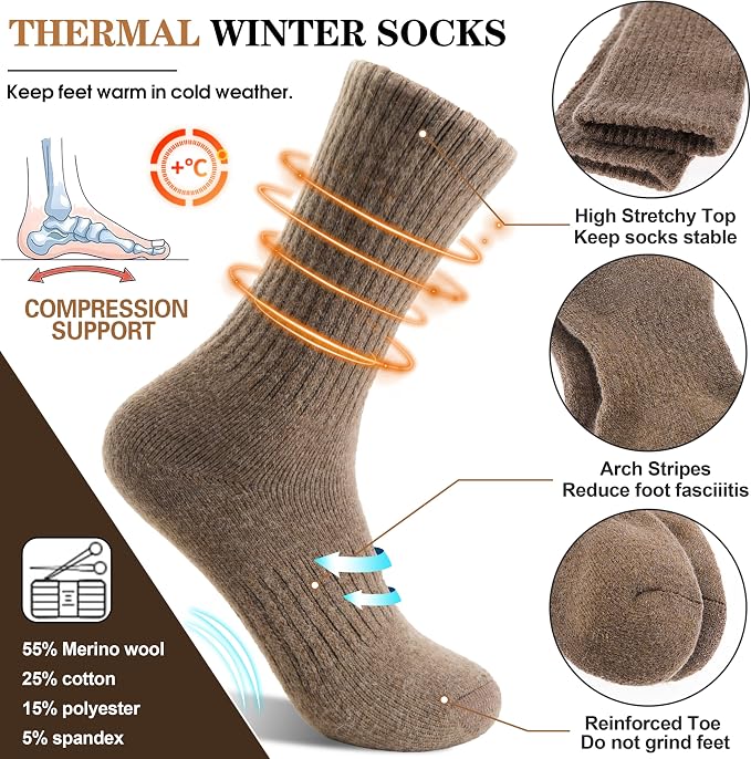 MOGGEI 5 Pairs Womens Merino Wool Socks Hiking Warm Winter Thick Thermal Crew Cozy Cabin Ladies Gift Comfy Boot Work Socks
