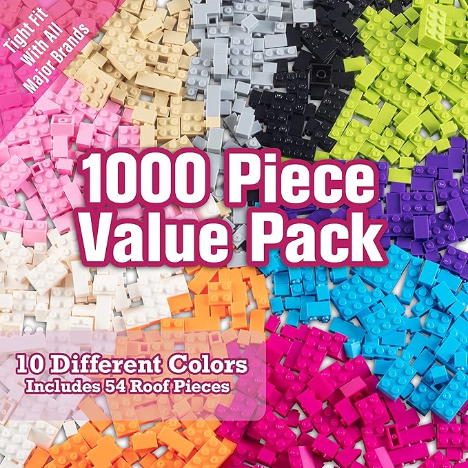 SCS Direct Building Block Friends Pastel Bricks- 1000 Pcs Bulk Set-10 Colors with 27 Roof Pieces - Compatible with& Tight Fit with All Major Brands- Great for Activity Table & School Project Kids Gift