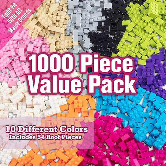 SCS Direct Building Block Friends Pastel Bricks- 1000 Pcs Bulk Set-10 Colors with 27 Roof Pieces - Compatible with& Tight Fit with All Major Brands- Great for Activity Table & School Project Kids Gift