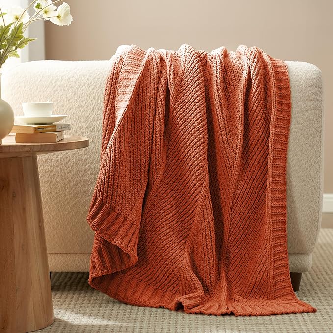 Knit Throw Blanket, Soft Chenille Cozy Breathable Chevron Chunky Decorative Blanket for Couch, Bed & Sofa, French-Inspired Lightweight Warm Gift for Women, Orange, 50"x60"