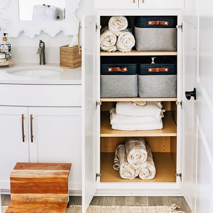 OrganiHaus 15x11in Canvas Storage Baskets 3 Pack - Fabric Bins for Shelves | Vegan leather handles; a decorative closet organizer for clothes, shoes, or toys; bedroom container