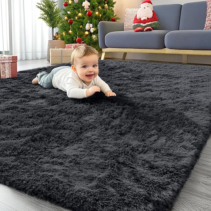 OLANLY 4x12 Area Rugs for Living Room Bedroom, Machine Washable Soft Fluffy Shaggy Bedside Rug, Indoor Floor Carpet for Kids Girls and Boys, Dorms, Nursery Rooms, Home Decor Aesthetic, Black