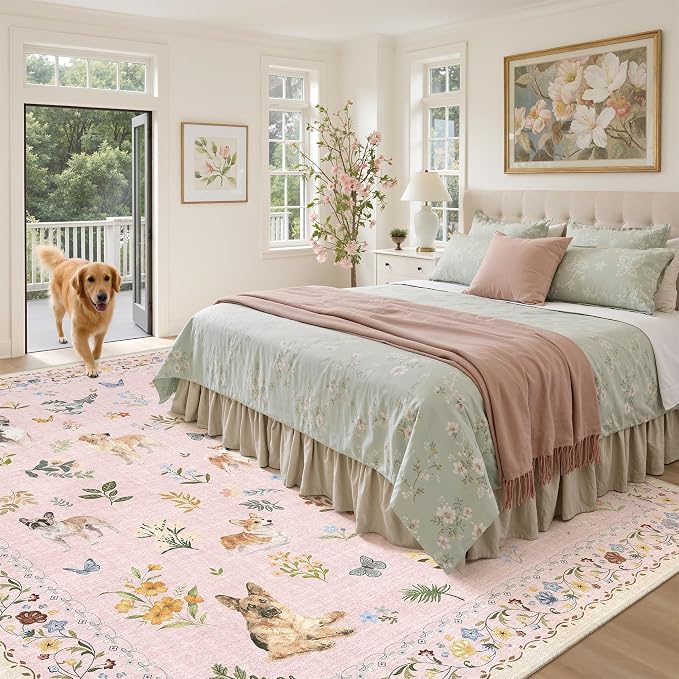 Soalmost Dog 8x10 Pink Area Rugs for Baby Girl Nursery, Washable Soft Rug | Floral Vintage Cute Animal Non-Slip Low Pile Throw Rugs for Living Room Dining Room Bedroom Playroom Classroom 8' x 10'