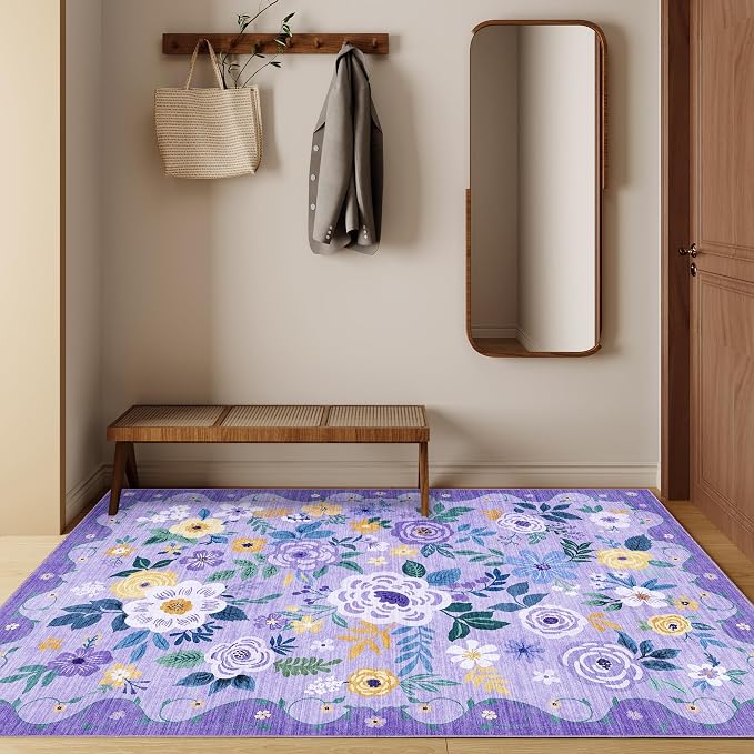 DUKINO 4x6 Area Rug, Floral Washable Rug Non Slip Office Chair Mat, Purple | Low Pile, Stain Resistant, Soft Indoor Rug for Bedroom, Living Room, Dining Room, Kids Room, Pet Friendly, Modern Home Decor