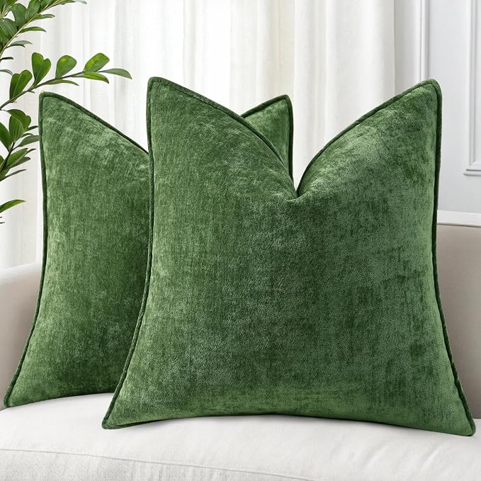 decorUhome Chenille Moss Green Velvet Throw Pillow Covers 22x22 Set of 2 | Fall Soft Euro Sham Couch Decorative Modern Farmhouse Pillow Cases with Elegant Design for Sofa Bed Living Room Home Decor