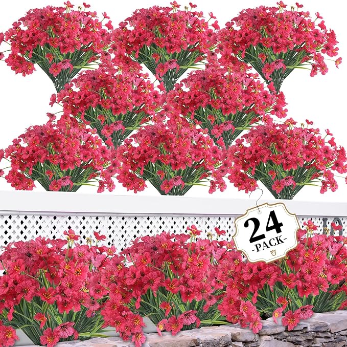 ColoPlay 24 Bundles Rose Red Artificial Flowers for Outdoors, Fake Flowers | Fake Plants Outdoors, UV Resistant Faux Flowers for Indoor Outside Garden Porch Window Box Home Wedding Farmhouse