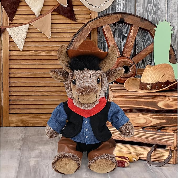 DolliBu Sitting Buffalo Stuffed Animal Cowboy Plush with Name Personalization - Western-Themed Buffalo Plush with Cute Cowboy Costume Denim Shirt Vest, Bandana, Leather Pants, and Hat - 8.5 Inches