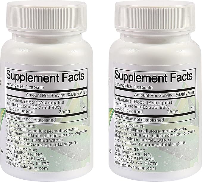 Crackaging Cycloastragenol 98% Telomere Support 25mg, 60 Capsules in 2 Bottles