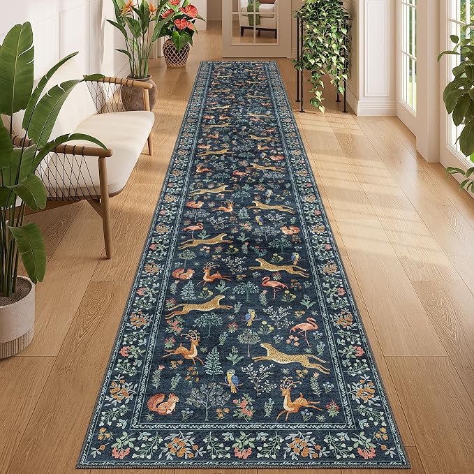 DUKINO 2x12 Washable Runner Rug, Non Slip Animal Rug for Kitchen Navy Blue | Soft, Low Pile, Non-Shedding Thin Indoor Long Runner Carpet for Hallway, Entryway, Bedroom, Bathroom, Laundry, Pet Friendly