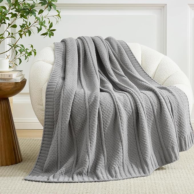 Amélie Home Premium Chenille Throw Blanket, Soft Cozy Moss Stitch Knit Blanket for Couch, Sofa, Chair, Home Decor, Grey 50"x60"