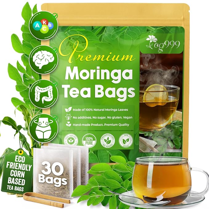 TOG999, Premium 30 Moringa Leaf Tea Bags, 100% Natural & Pure. Loose Leaf Moringa Herbal Tea. No Sugar, No Caffeine, No Gluten, Vegan.