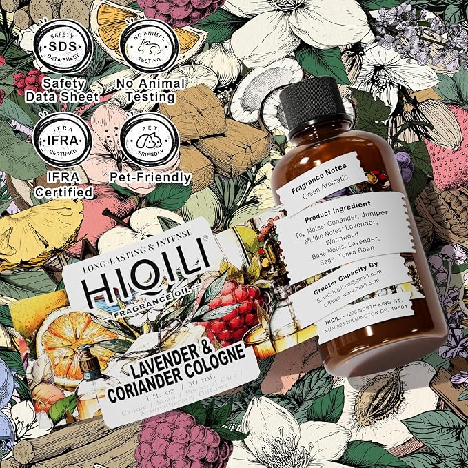 HIQILI Lavender & Coriander Cologne Fragrance Oil for Diffuser, Candle & Soap & Perfume Making, for Hotel and Home, Essential Oil, Long-Lasting Aroma - 1fl oz