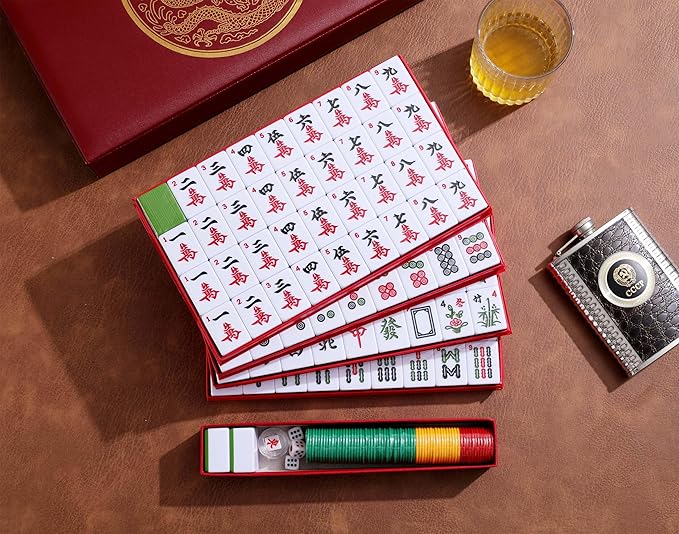 Mose Cafolo Chinese Mahjong Set X-Large 146 Numbered Melamine 1.5" Large Size Tile with Carrying Travel Case, English Manual, Pro Complete Mahjongg Game Set (Majiang, Mah Jongg)
