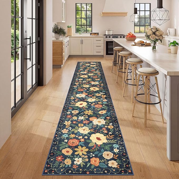 DUKINO 2x12 Washable Runner Rug, Non Slip Long Kitchen Rugs, Navy Blue | Floral, Low Pile, Soft Indoor Rug Runner for Hallway, Entryway, Bedroom, Bathroom, Laundry, Pet Friendly, Modern Home Decor
