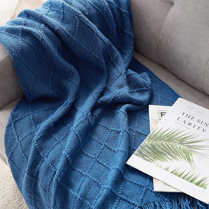 BOURINA Royal Blue Throw Blanket 50x60 Inch Knitted Soft Throw Sofa Blanket | Knitted Throw Blanket 50x60 Inches, Soft Lightweight Boho Weave Throw Decorative Couch Blanket for Living Room Bedroom Chair