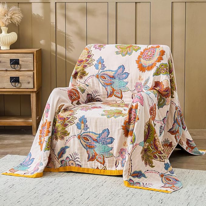 XIBLC Boho Throw Blanket 100% Cotton Vintage Blanket Muslin Woven Flower Decorative Throw Blankets All Season Bohemian Rustic Farmhouse Decor Quilt for Bed (Beige 50"x60")