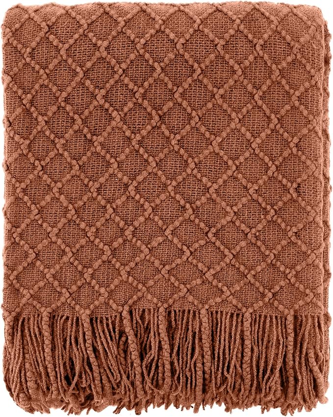 CREVENT Farmhouse Boho Knitted Throw Blanket for Couch Sofa Chair Bed Home Decoration, Soft Warm Cozy Light Weight for Spring Summer Fall (60''X80'' Caramel)