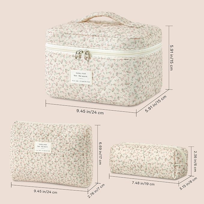 HBselect Quilted Makeup Bag, 3PCS Cotton Large Travel Makeup Bag, Cute Floral Coquette Make up Bag Cosmetic Bag Toiletry Bag for Women Girls