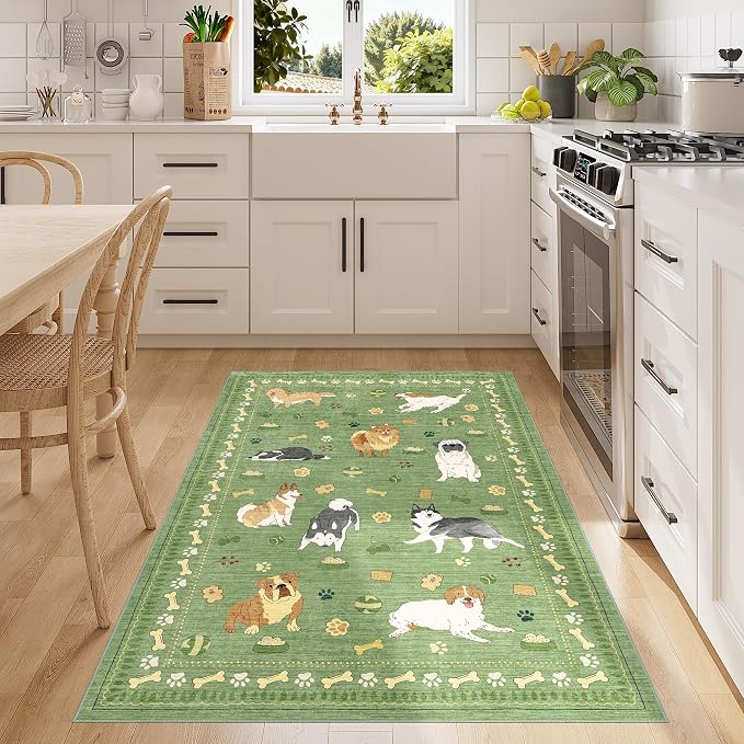 DUKINO 3x5 Rug, Washable Dog Bedroom Area Rug Soft Non Slip, Green | Low Pile, Non-Shedding, Stain Resistant Animal Carpet for Bathroom Dorm Office Dining Living Room Kitchen, Kid & Pet Friendly