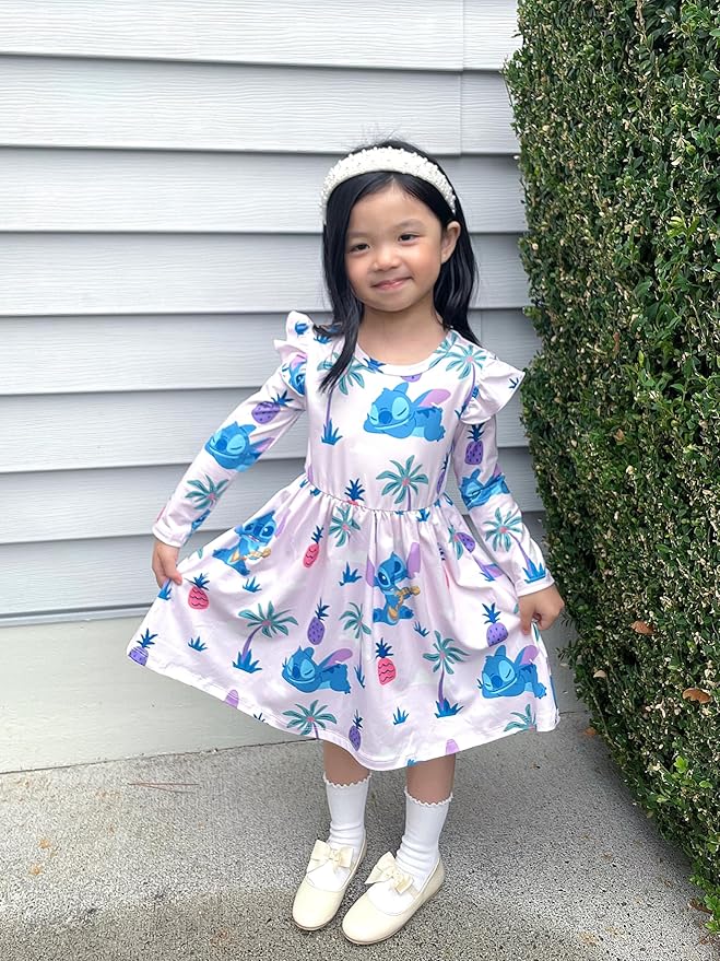 Disney Frozen Elsa Stitch Princess Minnie Mouse Toddler Girl Dresses 2 Pack Ruffle Long Sleeve Dress Set (3 Months - 6 Years)