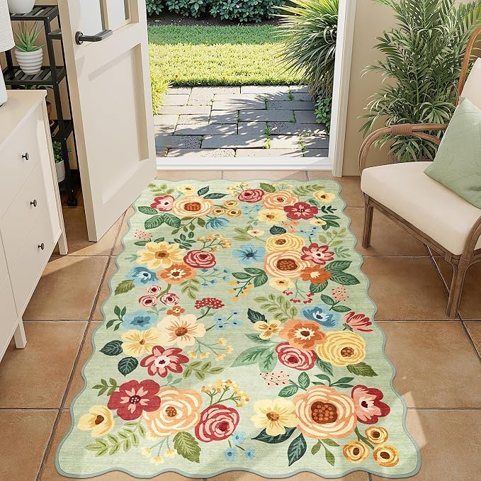 DUKINO 3x5 Area Rugs, Non Slip Floral Washable Rug for Bedroom, Green | Soft, Low Pile, Non-Shedding Throw Rugs for Living Room, Entryway, Kitchen, Kids Room, Pet Friendly, Home Decor, Lightweight