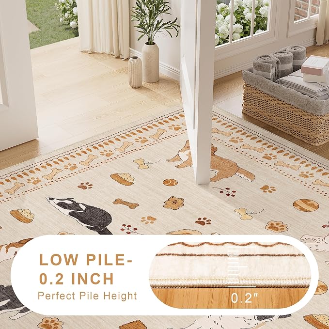 DUKINO 2x6 Kitchen Runner Rug, Washable Soft Non Slip Dog Rug, Beige Yellow | Stain Resistant, Low Pile Non-Shedding Animal Carpet Runner for Hallway Laundry Entryway Bathroom Bedroom, Kid & Pet Friendly