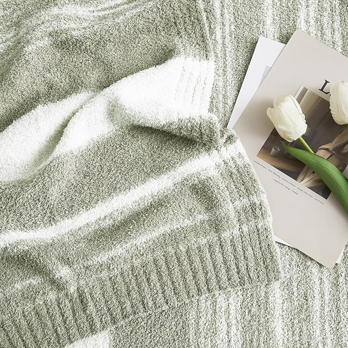 Soft Throw Blanket for Couch-Cozy Reversible Knitted Blankets | Lightweight Warm Fluffy Decor for Women, Mom, Her & Girls, Sofa, Chair, Bed, 50x70in, Sage Green Stripe