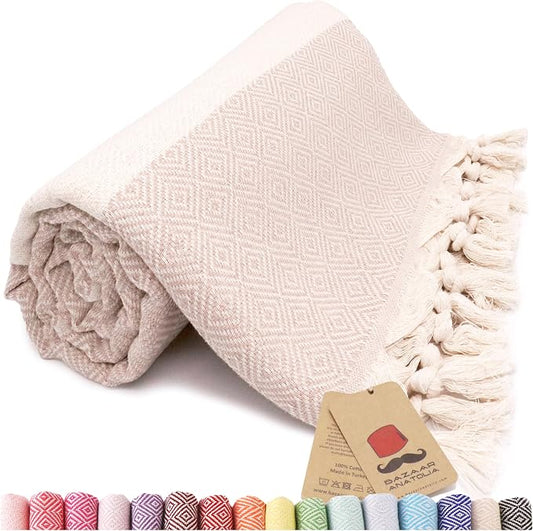Bazaar Anatolia Turkish Bath Towel – 100% Cotton, Quick Dry, Sand Free Towel for Bathroom, Hot Tub, Decor, Cream – Oversized 71x39 Inches – Diamond Beige