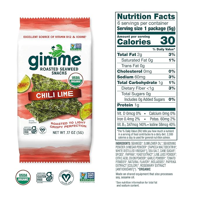 Gimme Seaweed Organic Premium Roasted Seaweed Snacks, Chili Lime, 6 Count, Keto, Vegan, Gluten-Free, Great Source of Omega3s and Iodine, Healthy On-The-Go Snack for Kids and Adults