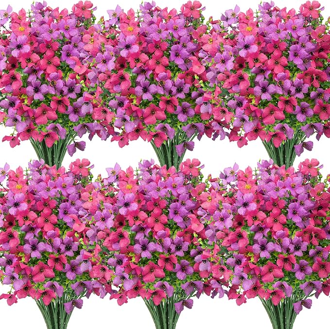 Ouddy Decor 16 Pcs Artificial Flowers for Outdoors Decor, Purple & Rose Red | Realistic, silk flowers, faux plastic plants, UV resistant, for summer garden porch window vase indoor outdoor home decor
