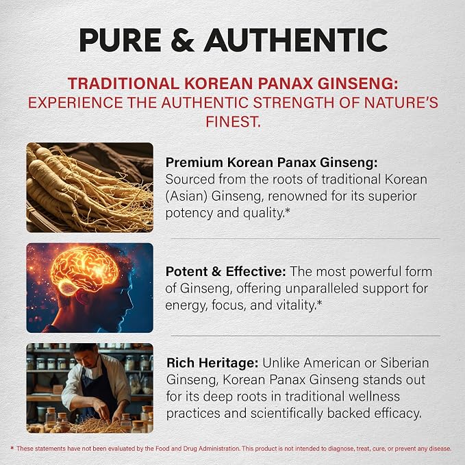 Panax Ginseng 1500 mg - Red Korean Ginseng Supplement for Men - Extra Strength 10:1 Extract - Energy, Focus, Productivity & Performance - Natural & Vegan - Lab Tested - 120 Capsules, 2 Month Supply