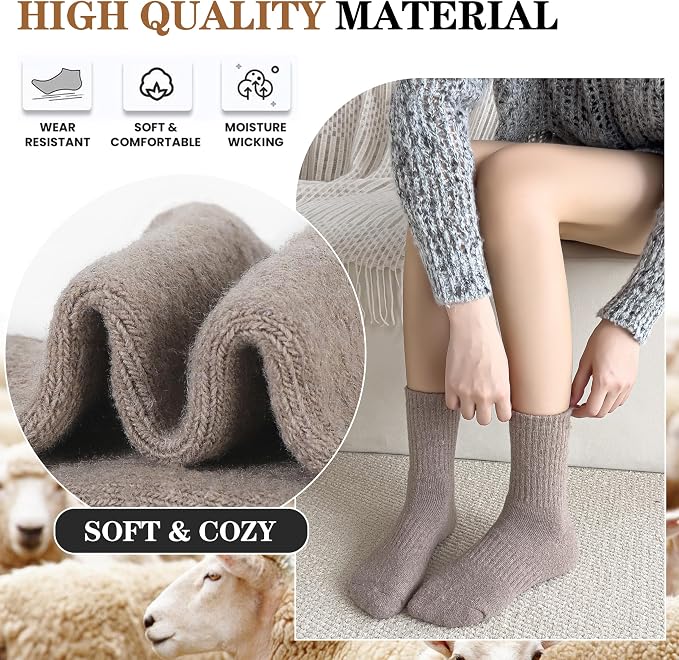 MOGGEI 5 Pairs Womens Merino Wool Socks Hiking Warm Winter Thick Thermal Crew Cozy Cabin Ladies Gift Comfy Boot Work Socks
