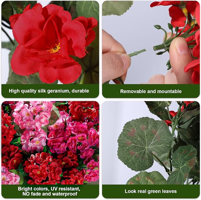 Artificial Geraniums Fake Flowers for Outdoors Decoration, 6 Bundles Silk Geraniums Flower UV Resistant Look Real Faux Plants for Front Door Garden Porch Planter Patio Balcony Yard Indoor Home, Mix