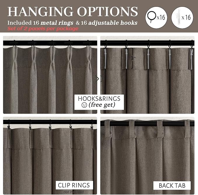 Extra Long 120 Inch Pleated Curtains for Room Divider 2 Panels Set, Chocolate Tart Memory Shape Natural Flax Linen Textured Curtain 10FT Length Light Filtering Semi Sheer Large Window Drapes Bedroom