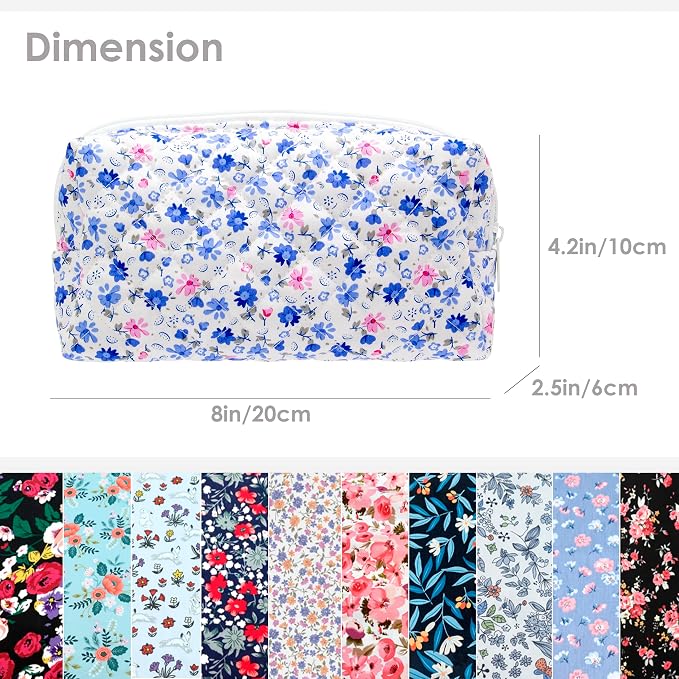 PAZIMIIK Small Quilted Makeup Bag,Zipper Cosmetic Pouch,Floral Blue,6 Pack | Lightweight Cosmetic Bag Organizer for Women,Purse Storage Holds Makeup,Toiletries,Skincare,Beauty Essentials,Travel Items
