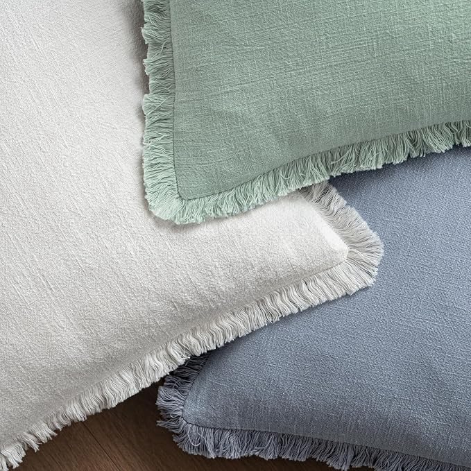 MIULEE Boho Linen Fringe Decorative Throw Pillow Covers Light Blue 20x20 | Set of 2, Cottagecore Decor, Boho Farmhouse Coastal Pillow Covers, Rustic Couch Cushion Cases for Sofa Bed Living Room