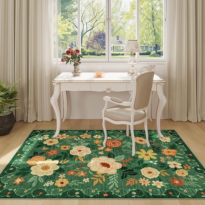 DUKINO 4x6 Area Rug, Floral Washable Office Chair Rug Non Slip, Dark Green | Low Pile, Stain Resistant, Soft Indoor Rug for Bedroom, Living Room, Dining Room, Kids Room, Pet Friendly, Modern Home Decor