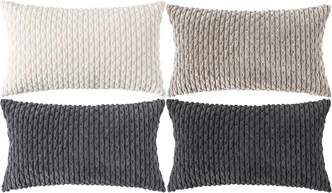 Set of 4 Grey White Taupe Decorative Throw Pillow Covers 12x20 Inch Corduroy Pillow Covers for Bed Couch Sofa Living Room Soft Cushion Cases