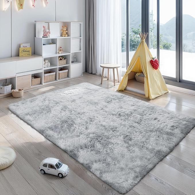 5x7 Tie-Dyed Light Grey Shag Rug for Bedroom, Soft Plush Fluffy Carpet | Gray Area Rug for Living Room, Kids Nursery, Dorm Room, Washable Non Slip Shaggy Floor Carpet