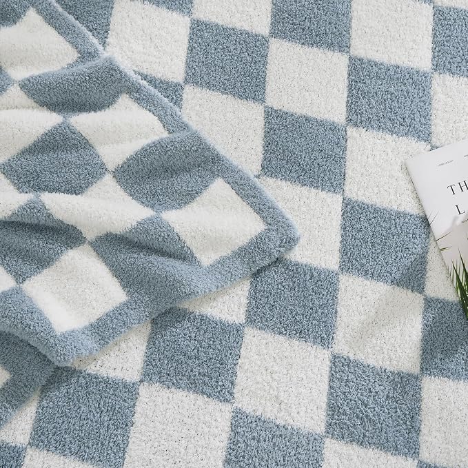 Soft Twin Size Checkered Blanket for Bed-Cozy Knitted Blankets | Lightweight Fluffy Warm Decor for Women, Mom, Her & Girls, Sofa, Chair, Couch, 60x80in,Grey Blue