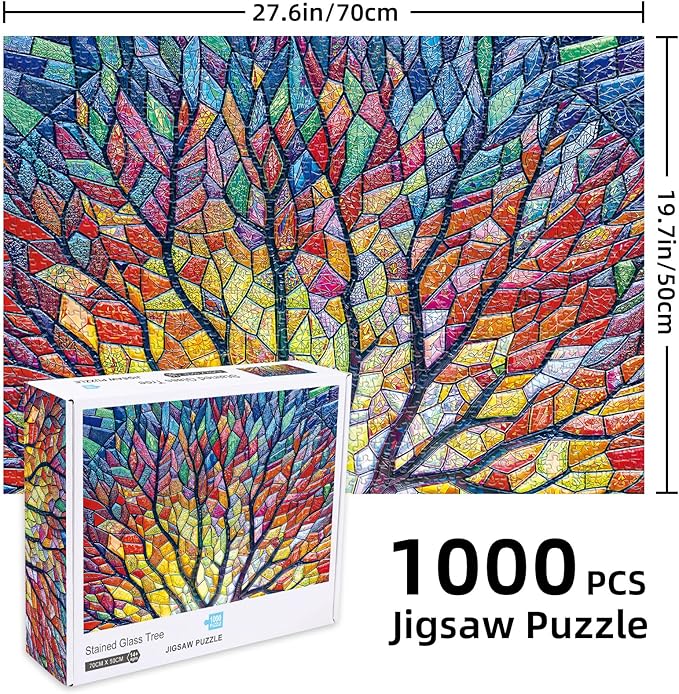 Sutinban Stained Glass Tree Puzzles for Adults 1000 Pieces, Colorful Mosaic Tree of Life Jigsaw Puzzle, Impossible Challenging Difficult 1000 Pieces Puzzles Game for Family
