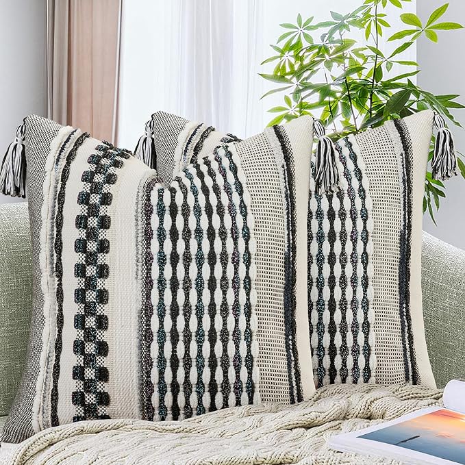 Set of 2 Chenille Striped Textured Boho Throw Pillow Covers Aesthetic with Tassels Woven Decorative Pillow Case for Couch Bed Sofa Bedroom Modern Funky 18 x 18-Inch Black Multicolor