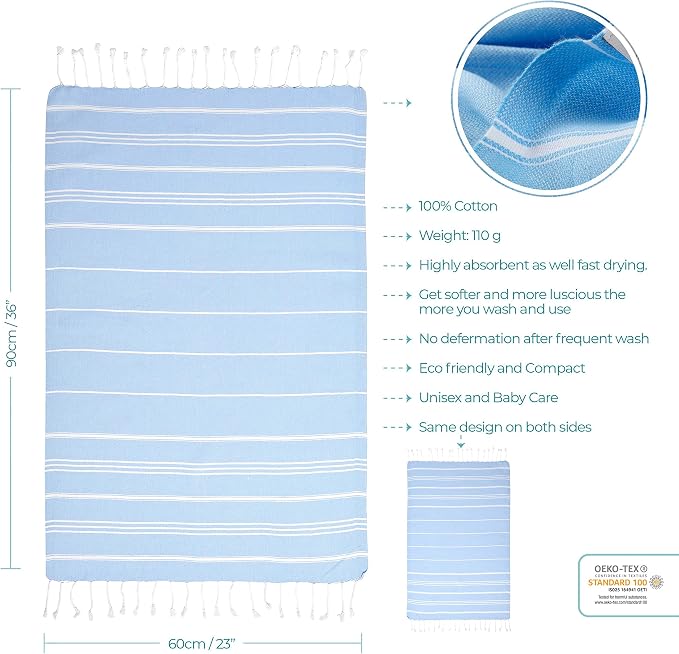 Cacala 100% Turkish Cotton Kitchen Tea Towels, Highly Absorbent Luxury Soft Quick Drying Dish Towel with Hanging Loop for Gym, Yoga, Bath, Sports, Cleaning and Kitchen (23 x 36), Blue