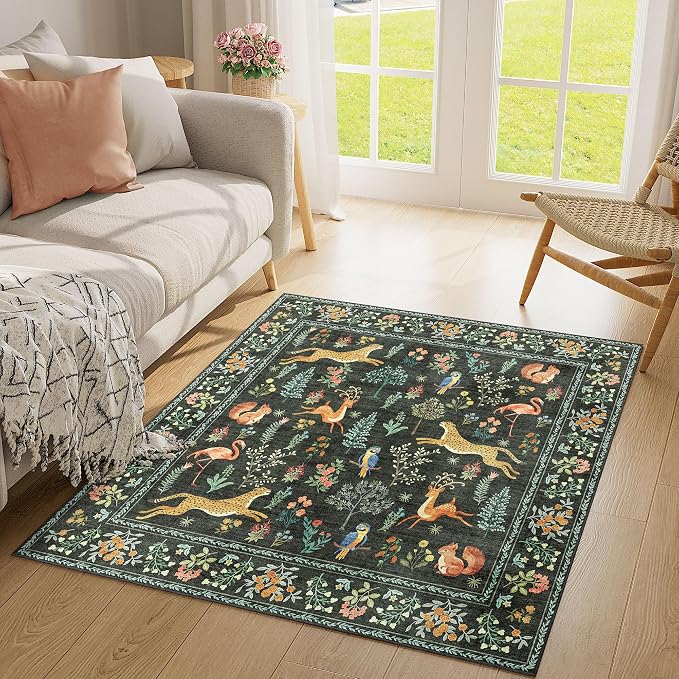 DUKINO 4x4 Square Area Rug, Washable Animal Rug for Entryway, Black | Non Slip, Low Pile, Soft Indoor Carpet for Bedroom, Kitchen, Office, Kids Room, Farmhouse, Pet Friendly, Stain Resistant