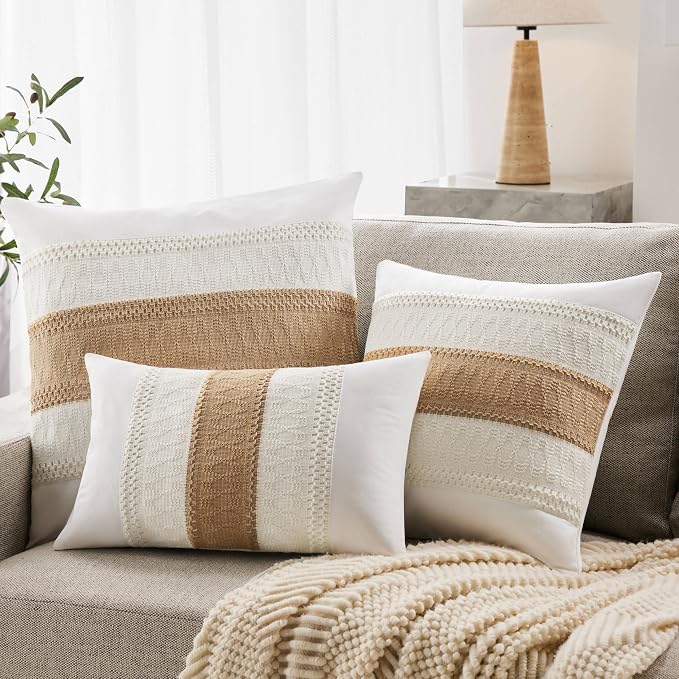 2pk Boho Pillow Covers 22x22, Natural White/Contrast/Brown | 100% Organic Cotton Body, Stripe Embroidery, Farmhouse Decorative Cushion Covers for Sofa Bed Living Room Home Decor