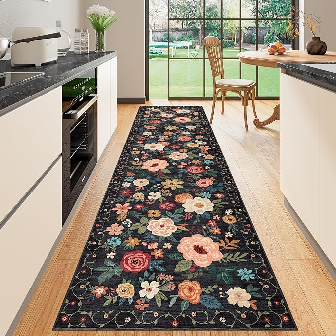 DUKINO 2.6x10 Runner Rug for Hallway, Washable Kitchen Rugs Non Slip, Black | Soft, Low Pile, Floral Indoor Floor Rug Runner for Entryway, Bedroom, Bathroom, Laundry, Pet Friendly, Home Decor, Ultra-Thin