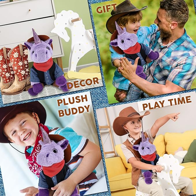 DolliBu Purple Unicorn Stuffed Animal Cowboy Plush with Name Personalization - Western-Themed Unicorn Plush with Cute Cowboy Costume Denim Shirt Vest, Bandana, Leather Pants, and Hat - 9 Inches