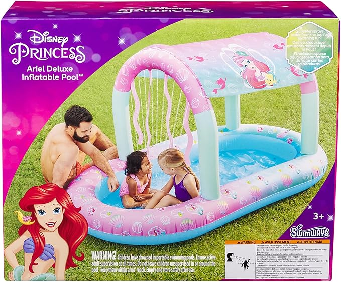 SwimWays Disney Princess Ariel Water Castle Deluxe Inflatable Pool, Above Ground Pool with Canopy and Fast Inflation for Kids Aged Aged 3 & Up