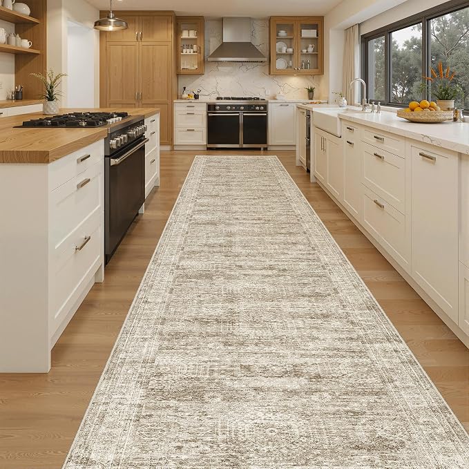 Soalmost Washable 3x16 Hallway Runner Rug Non-Slip Kitchen Entry Rugs Brown | Vintage Extra Long Runners 16ft for Bathroom Entryway, Foldable Low-Pile Wide Floor Carpet for Corridor Living Room Bedroom