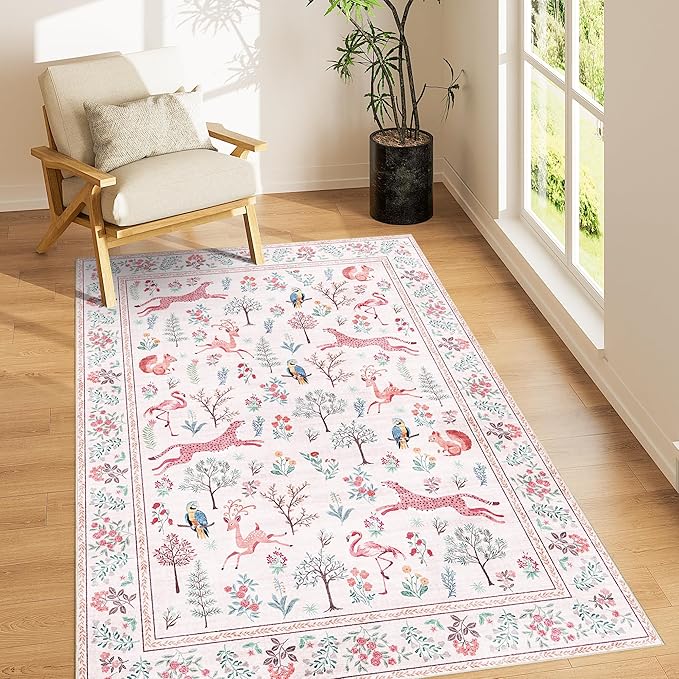 DUKINO 3x5 Rug, Washable Animal Area Rug for Bedroom Non Slip, Pink | Low Pile, Stain Resistant, Soft Indoor Carpet for Living Room, Kitchen, Dining Room, Nursery, Lightweight, Pet Friendly